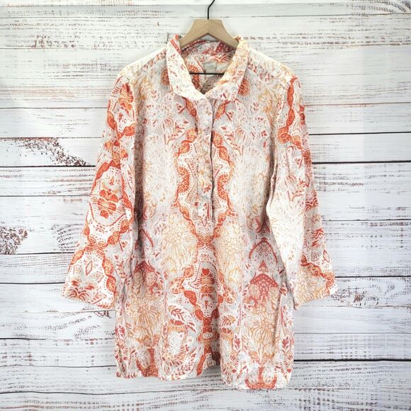 Chicos Womens 3 16/18 Shirt Medallion Print Linen Tunic Lagenlook Coastal Beachy - Picture 1 of 8